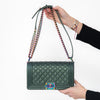 Chanel Metallic Green Leather Rainbow Hardware  Old Medium Boy Bag