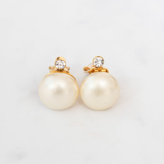 Chanel Vintage Cabochon Simulated Pearl And Crystal Studded Clip On Earrings