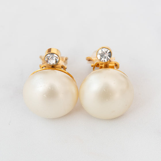 Chanel Vintage Cabochon Simulated Pearl And Crystal Studded Clip On Earrings
