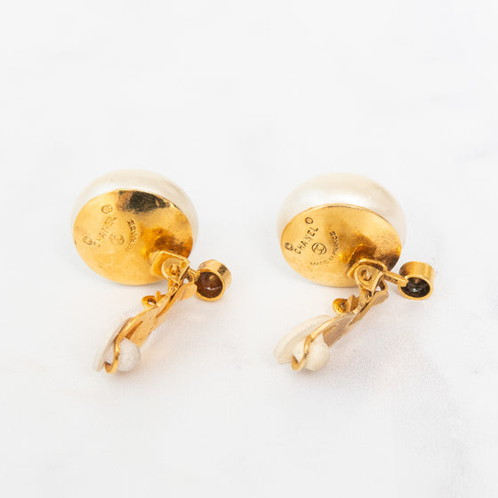 Chanel Vintage Cabochon Simulated Pearl And Crystal Studded Clip On Earrings