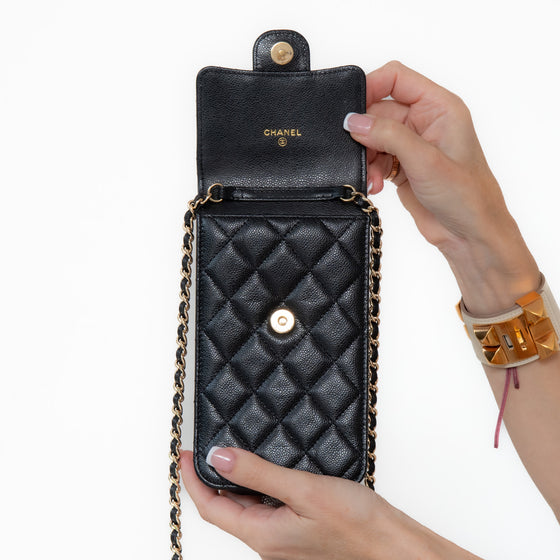 Chanel Black Quilted Caviar Leather Crossbody Phone Holder Bag