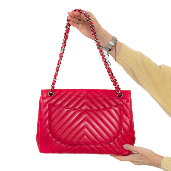 Chanel Fuschia Pink Jumbo Chevron Leather Single Flap Bag