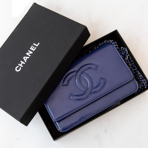 Chanel Cobalt Blue Patent Leather Timeless CC Wallet on Chain Bag