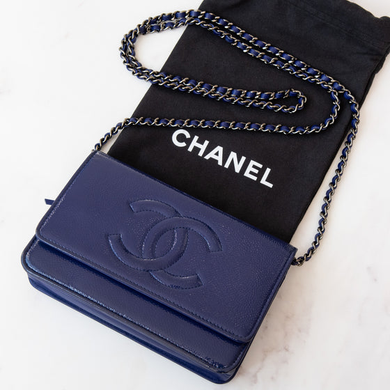Chanel Cobalt Blue Patent Leather Timeless CC Wallet on Chain Bag