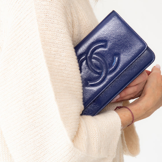 Chanel Cobalt Blue Patent Leather Timeless CC Wallet on Chain Bag