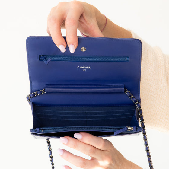 Chanel Cobalt Blue Patent Leather Timeless CC Wallet on Chain Bag