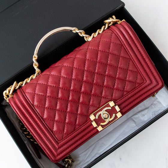 Chanel Medium Red Caviar Leather Boy Bag With Top Handle