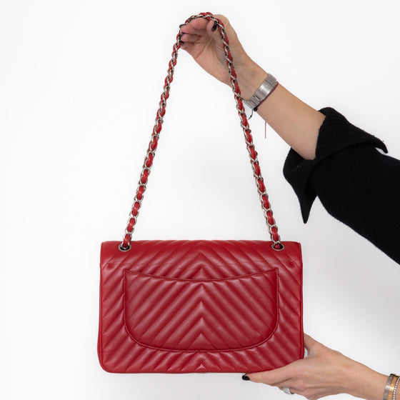 Chanel Red Jumbo Classic Double Flap Bag In  Chevron Caviar Leather