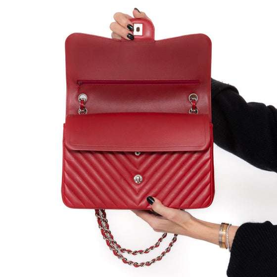 Chanel Red Jumbo Classic Double Flap Bag In  Chevron Caviar Leather