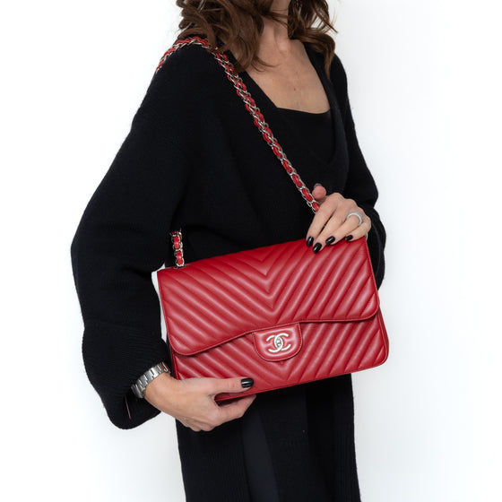 Chanel Red Jumbo Classic Double Flap Bag In  Chevron Caviar Leather