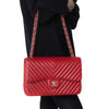 Chanel Red Jumbo Classic Double Flap Bag In  Chevron Caviar Leather