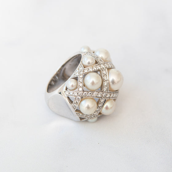 Chanel White Gold Pearls And `Diamonds Baroque Ring
