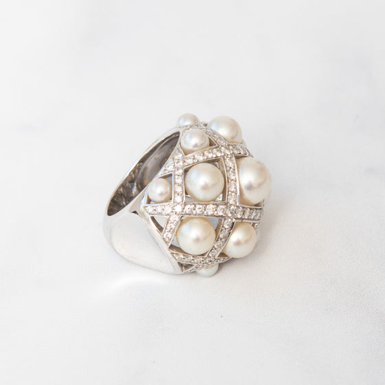 Chanel White Gold Pearls And `Diamonds Baroque Ring