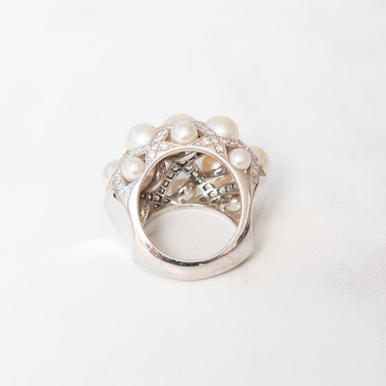Chanel White Gold Pearls And `Diamonds Baroque Ring