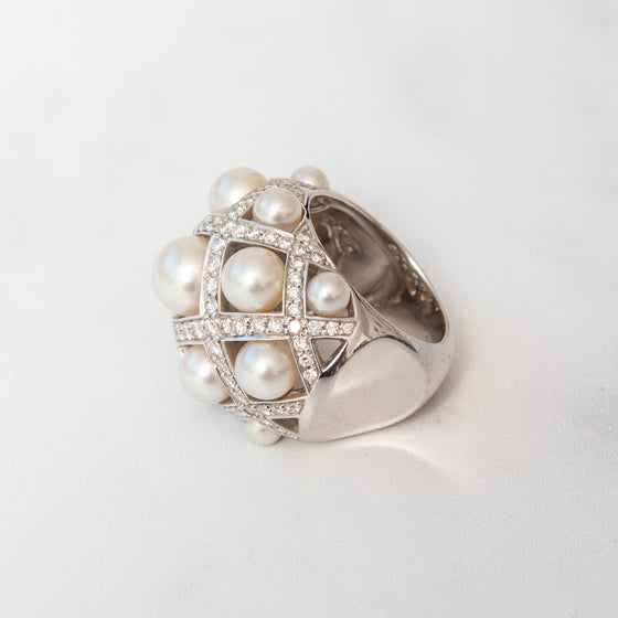 Chanel White Gold Pearls And `Diamonds Baroque Ring