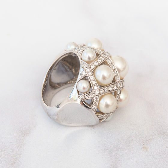 Chanel White Gold Pearls And `Diamonds Baroque Ring
