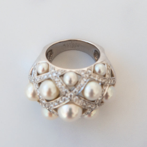 Chanel White Gold Pearls And `Diamonds Baroque Ring