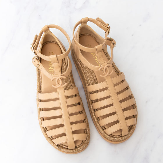 Chanel 2024 Beige Leather Interlocking CC Logo Espadrilles