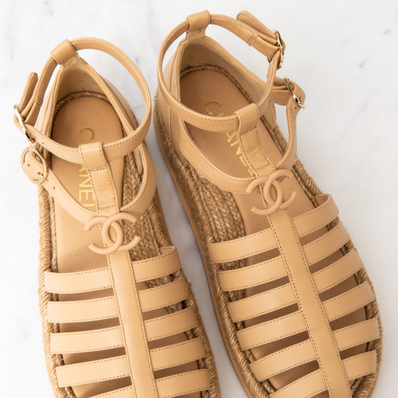 Chanel 2024 Beige Leather Interlocking CC Logo Espadrilles