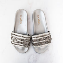  Chanel Silver Iridescent Leather Tropiconic Chain Slider Sandals