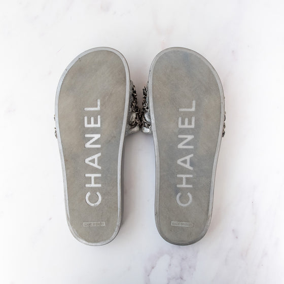 Chanel Silver Iridescent Leather Tropiconic Chain Slider Sandals