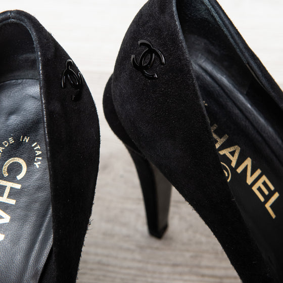 Chanel Black Suede Cap Toe Platform Pumps