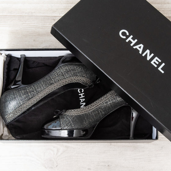 Chanel Metallic Tweed Patent Cap Toe CC Chain Pumps