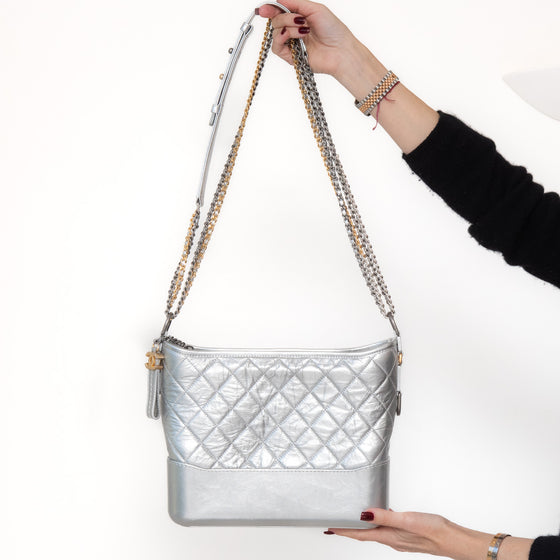 Chanel Gabrielle Silver Leather Hobo Bag