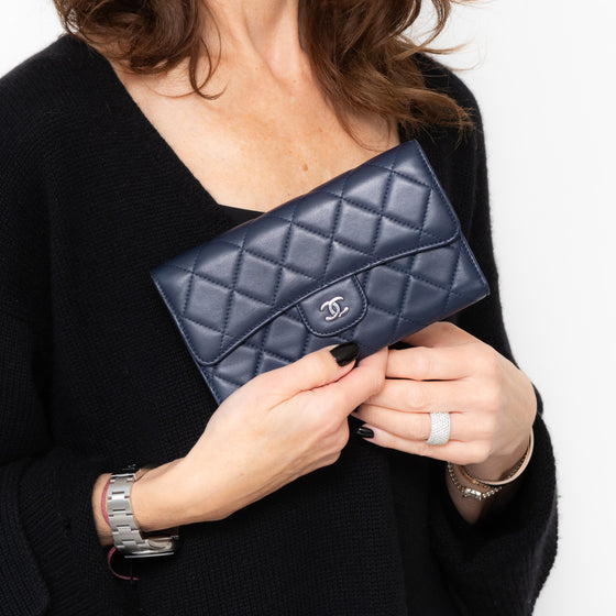 Chanel Navy Lambskin Leather Classic Flap Wallet