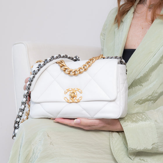 Chanel 19 Medium White Leather Single Flap Bag