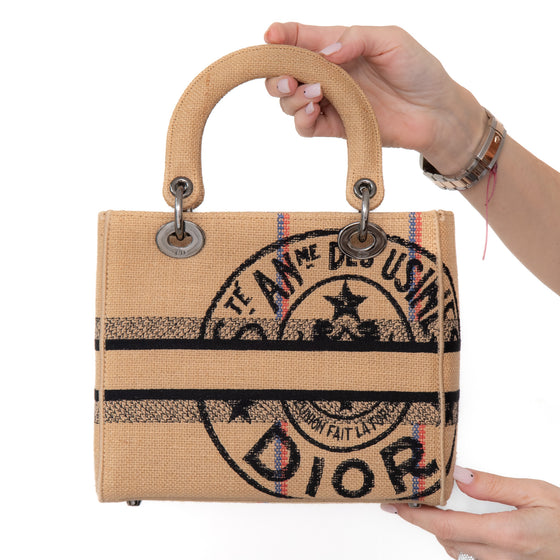 Dior Beige Jute Union Embroidered Medium Lady D Lite Tote Bag