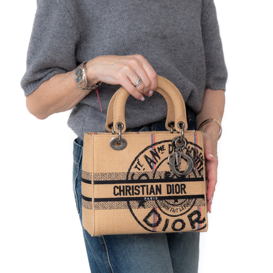 Dior Beige Jute Union Embroidered Medium Lady D Lite Tote Bag