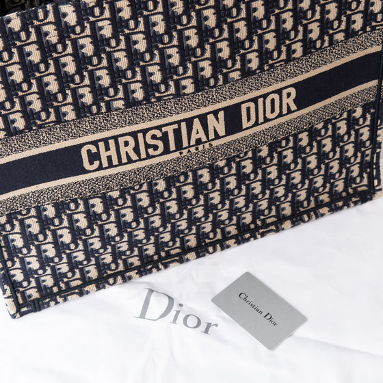 Dior Large Book Tote Ecru And Blue Dior Oblique Embroidery Bag