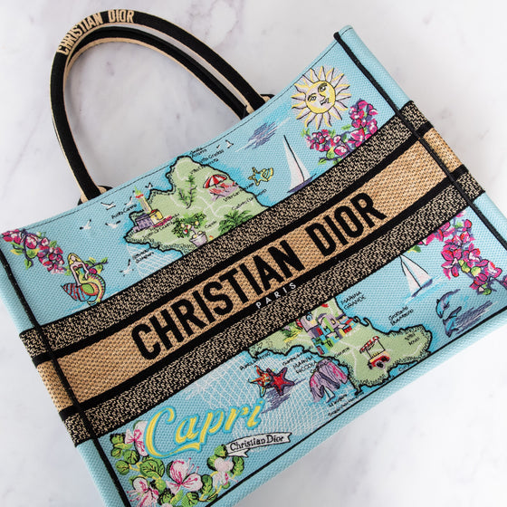 Dior Capri Souvenir Medium Dior Book Tote Natural Raffia and Multicolour
