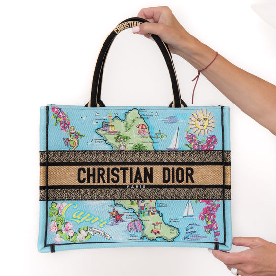 Dior Capri Souvenir Medium Dior Book Tote Natural Raffia and Multicolour