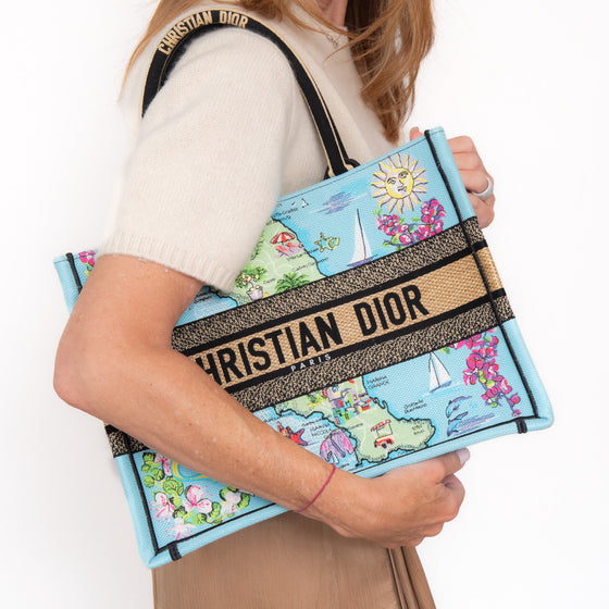 Dior Capri Souvenir Medium Dior Book Tote Natural Raffia and Multicolour