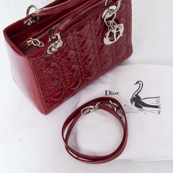 Dior Red Cannage Patent Leather Medium Lady Dior Tote