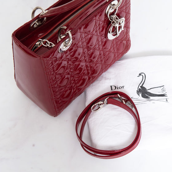 Dior Red Cannage Patent Leather Medium Lady Dior Tote