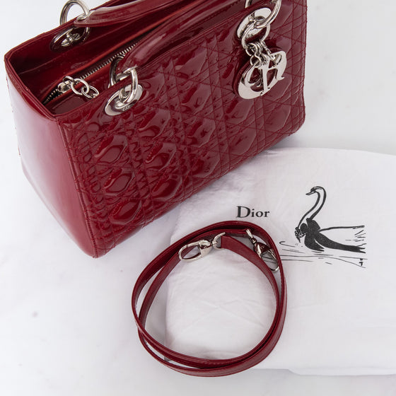 Dior Red Cannage Patent Leather Medium Lady Dior Tote