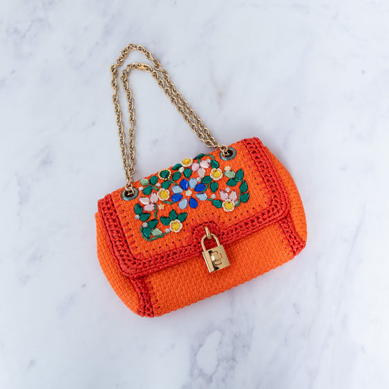 Dolce & Gabbana Orange Crystal Embellished Raffia Miss Dolce Bag