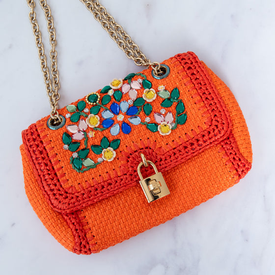 Dolce & Gabbana Orange Crystal Embellished Raffia Miss Dolce Bag