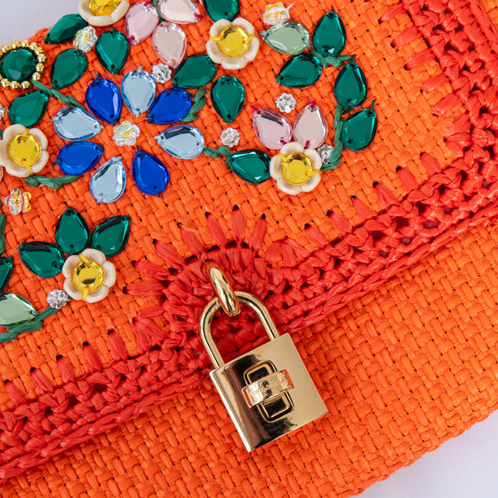 Dolce & Gabbana Orange Crystal Embellished Raffia Miss Dolce Bag