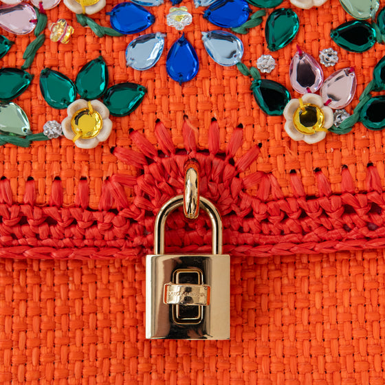 Dolce & Gabbana Orange Crystal Embellished Raffia Miss Dolce Bag