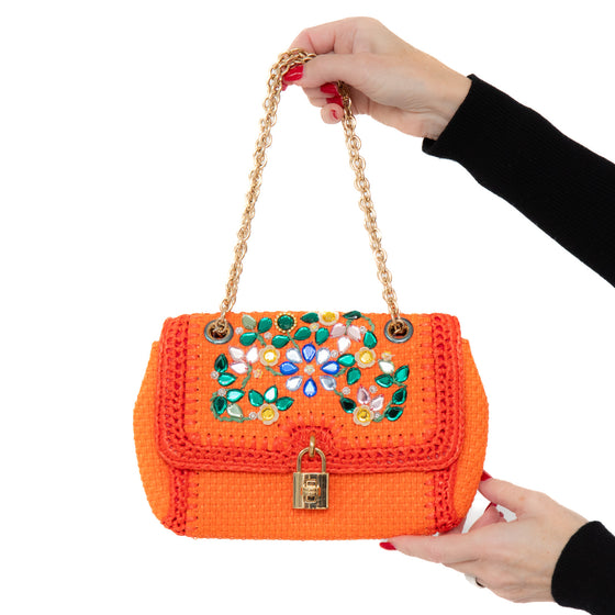 Dolce & Gabbana Orange Crystal Embellished Raffia Miss Dolce Bag