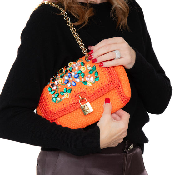 Dolce & Gabbana Orange Crystal Embellished Raffia Miss Dolce Bag