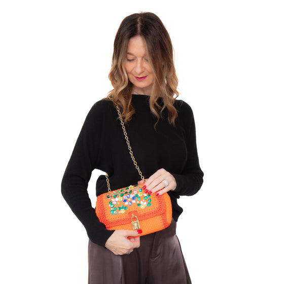 Dolce & Gabbana Orange Crystal Embellished Raffia Miss Dolce Bag