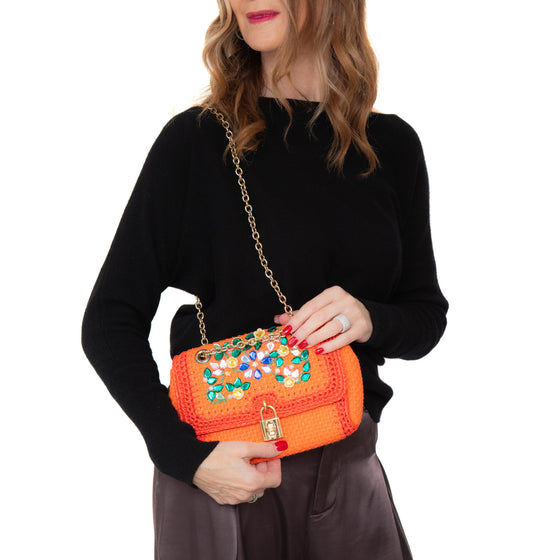 Dolce & Gabbana Orange Crystal Embellished Raffia Miss Dolce Bag