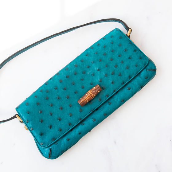 Gucci Vintage Ostrich Bamboo Detail Shoulder Bag