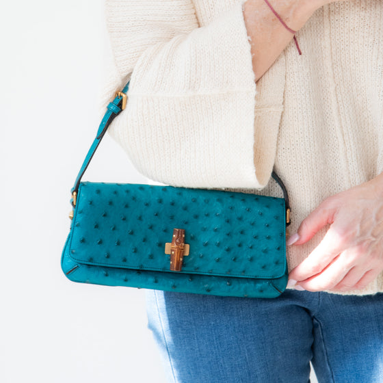 Gucci Vintage Ostrich Bamboo Detail Shoulder Bag