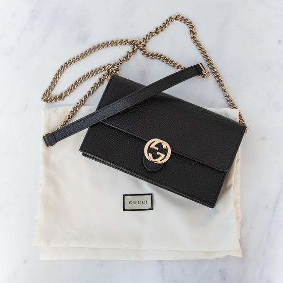 Gucci Black Leather Interlocking G Dollar Wallet On Chain Crossbody Bag